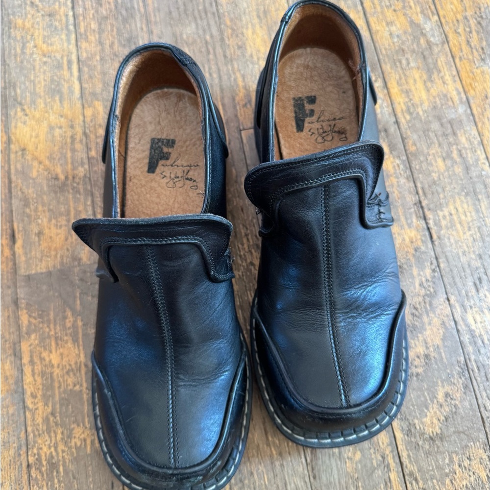 John Fluevog Black Leather Slip-On Loafers